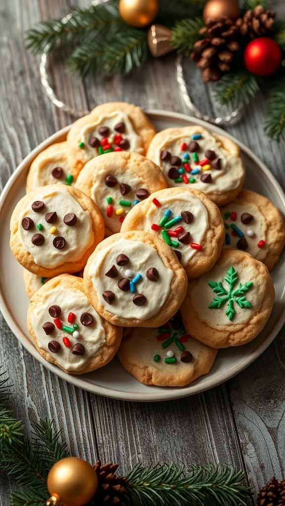 Half Baked Harvest Christmas Cookies Recipe A plate of Christmas cookies with sprinkles and chocolate chips on a wooden table with holiday decorations.